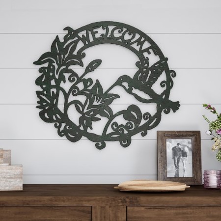 HASTINGS HOME Metal Cutout, Welcome Decorative Wall Sign Wreath Word Art Décor, Modern Rustic Farmhouse 314518VES